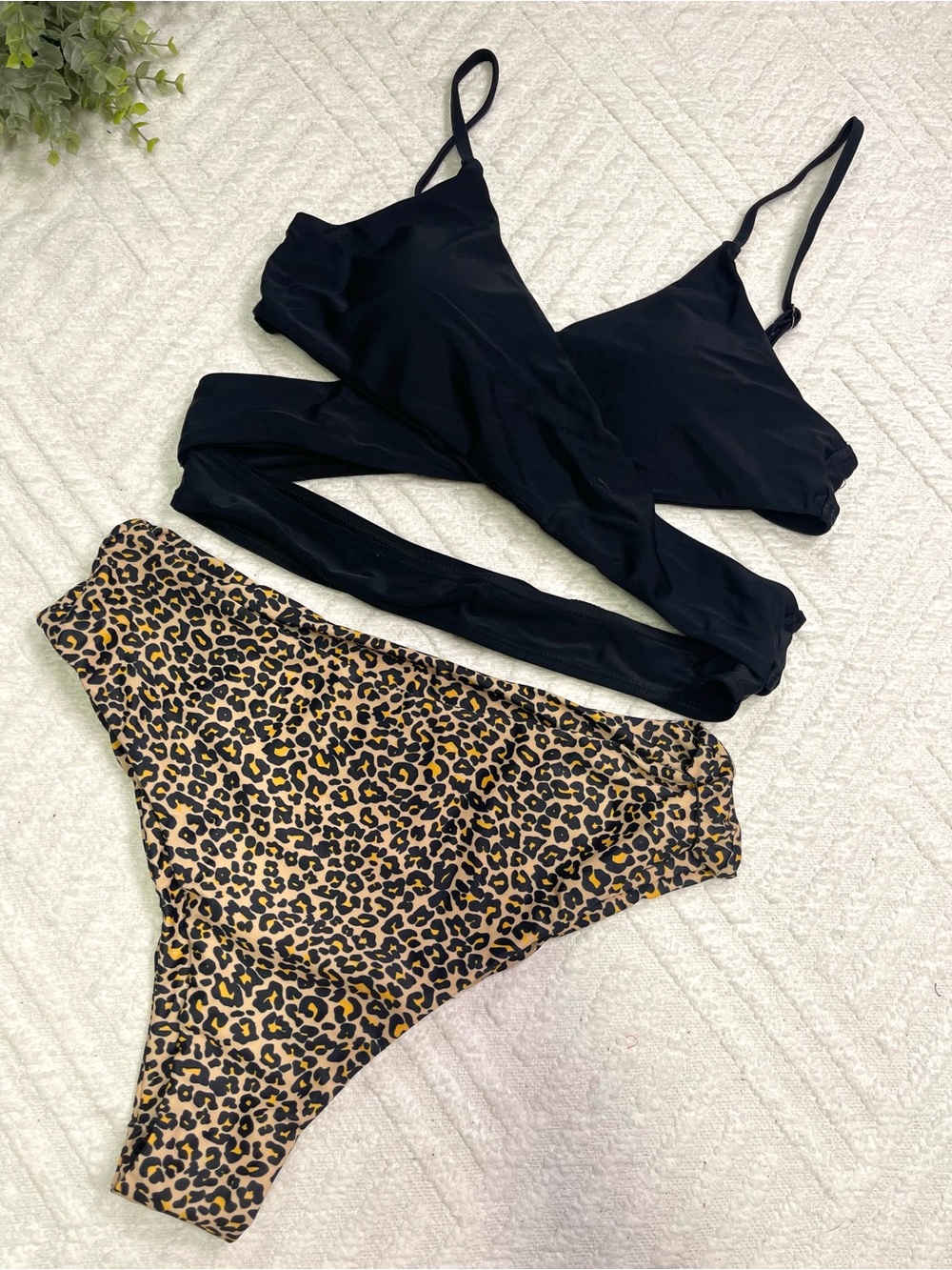 Zaful Black Wrap Bikini Top with Leopard Print High-Waist Bottom